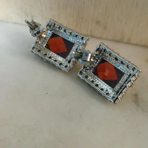 Garnet Earrings Sterling Silver 925 Vintage Square Red Bold Elegant Gemstones - Picture 3 of 9